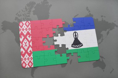 bir dünya haritası üzerinde Beyaz Rusya ve Lesoto bayrağı ulusal ile bulmaca
