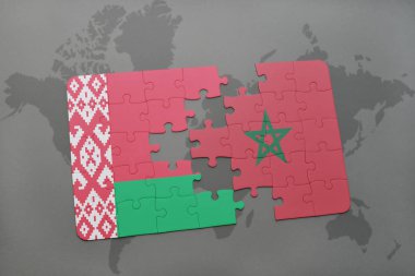 Beyaz Rusya ve Fas bir dünya haritası üzerinde ulusal bayrak ile bulmaca