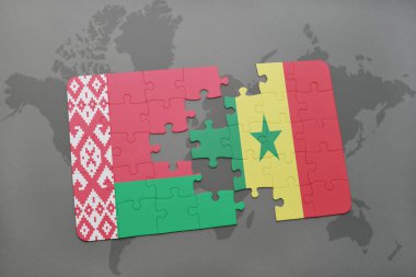 Beyaz Rusya ve senegal ulusal bayrak bir dünya haritası üzerinde ile bulmaca