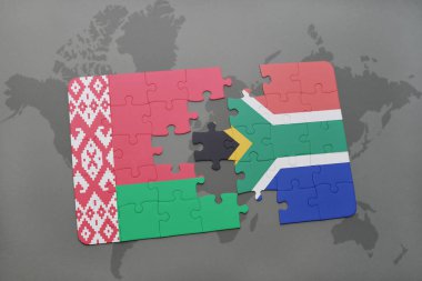 Beyaz Rusya ve Güney Afrika ulusal bayrak bir dünya haritası üzerinde ile bulmaca