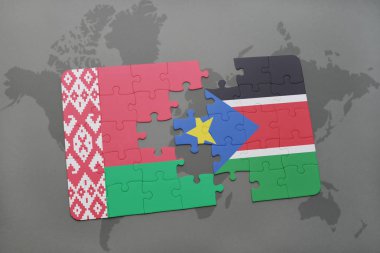 Beyaz Rusya ve bir dünya haritası üzerinde Güney sudan bayrağı ile bulmaca