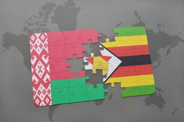 Beyaz Rusya ve Zimbabve Ulusal bayrak bir dünya haritası üzerinde ile bulmaca