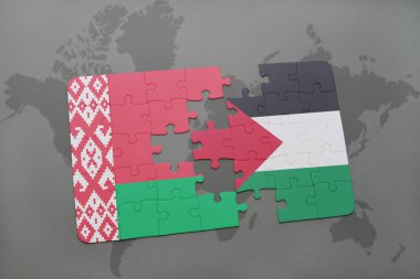 Beyaz Rusya ve Filistin Ulusal bayrak bir dünya haritası üzerinde ile bulmaca