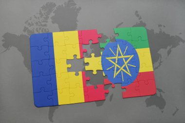 Romanya ve Etiyopya bir dünya haritası üzerinde bayrağı ile bulmaca