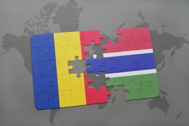 Romanya ve Gambiya ulusal bayrak bir dünya haritası üzerinde ile bulmaca