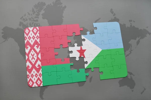 Puzzel met de nationale vlag van Wit-Rusland en djibouti op een wereldkaart — Stockfoto