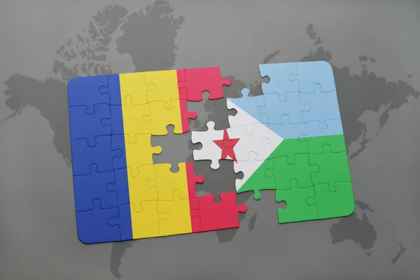 Puzzel met de nationale vlag van Roemenië en djibouti op een wereldkaart — Stockfoto