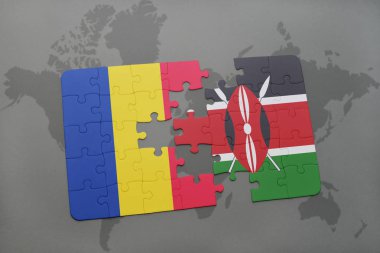 Romanya ve kenya ulusal bayrak bir dünya haritası üzerinde ile bulmaca