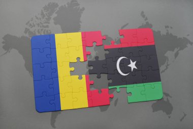 Romanya ve libya ulusal bayrak bir dünya haritası üzerinde ile bulmaca
