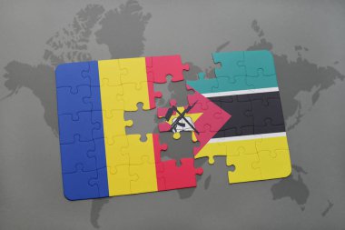 Romanya ve Mozambik bir dünya haritası üzerinde bayrağı ile bulmaca