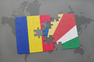 Romanya ve Seyşeller ulusal bayrak bir dünya haritası üzerinde ile bulmaca
