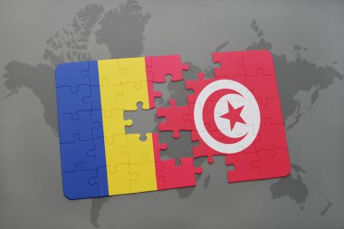 Romanya ve Tunus bir dünya haritası üzerinde bayrağı ile bulmaca