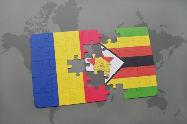Romanya ve Zimbabve Ulusal bayrak bir dünya haritası üzerinde ile bulmaca