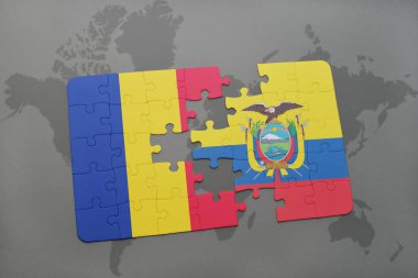 Romanya ve Ekvador ulusal bayrak bir dünya haritası üzerinde ile bulmaca