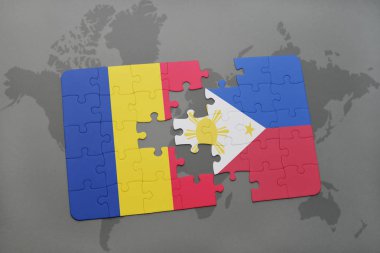 Romanya ve Türkiye ulusal bayrak bir dünya haritası üzerinde ile bulmaca