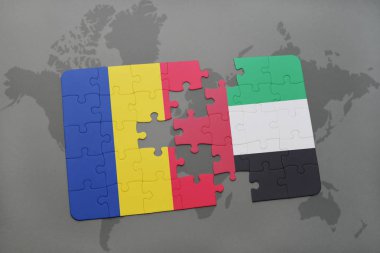 bir dünya haritası üzerinde Romanya ve Birleşik Arap Emirlikleri bayrağı ulusal ile bulmaca