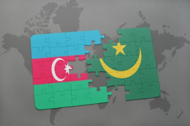 Azerbaycan ve Moritanya ulusal bayrak bir dünya haritası üzerinde ile bulmaca