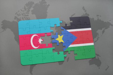 Azerbaycan ve bir dünya haritası üzerinde Güney sudan bayrağı ile bulmaca