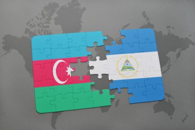 Azerbaycan ve Nikaragua ulusal bayrak bir dünya haritası üzerinde ile bulmaca