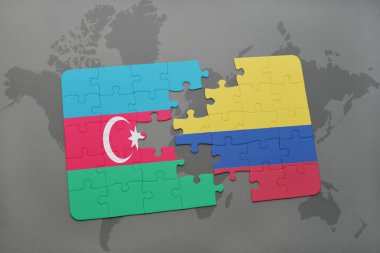 Azerbaycan ve Kolombiya ulusal bayrak bir dünya haritası üzerinde ile bulmaca