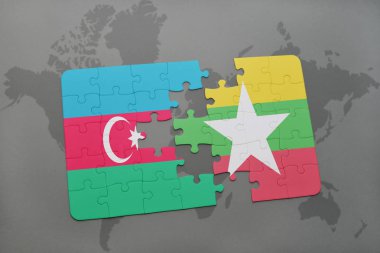 bir dünya haritası üzerinde Azerbaycan ve myanmar bayrağı ulusal ile bulmaca