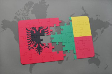 Arnavutluk ve benin bir dünya haritası üzerinde bayrağı ile bulmaca