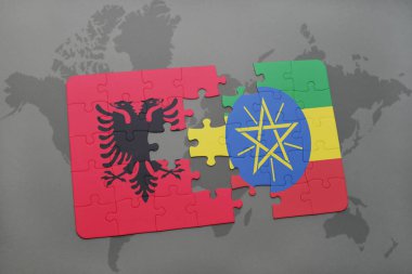 Arnavutluk ve Etiyopya bir dünya haritası üzerinde bayrağı ile bulmaca