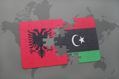 Arnavutluk ve libya ulusal bayrak bir dünya haritası üzerinde ile bulmaca