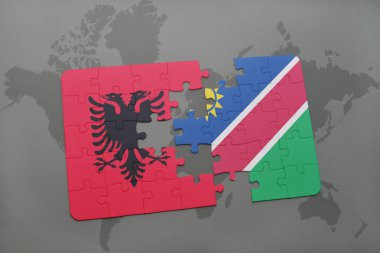 Arnavutluk ve Namibya ulusal bayrak bir dünya haritası üzerinde ile bulmaca