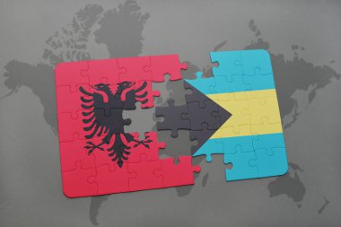 Arnavutluk ve Bahamalar bir dünya haritası üzerinde bayrağı ile bulmaca