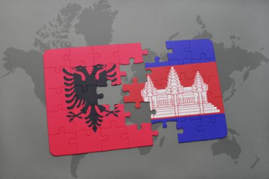 Arnavutluk ve Kamboçya Ulusal bayrak bir dünya haritası üzerinde ile bulmaca