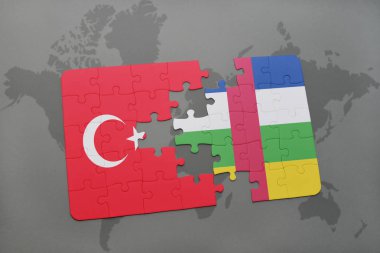 Türkiye ve Orta Afrika Cumhuriyeti ulusal bayrak bir dünya haritası üzerinde ile bulmaca