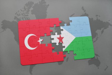 bir dünya haritası üzerinde Türkiye ve Cibuti bayrağı ulusal ile bulmaca