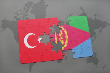 Türkiye ve Eritre ulusal bayrak bir dünya haritası üzerinde ile bulmaca