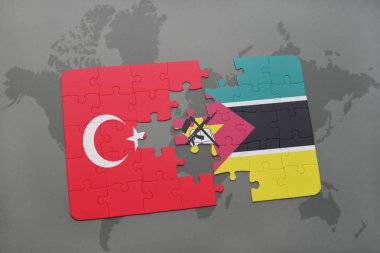 Türkiye ve Mozambik bir dünya haritası üzerinde bayrağı ile bulmaca