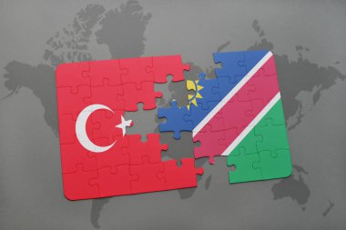 Türkiye ve Namibya ulusal bayrak bir dünya haritası üzerinde ile bulmaca