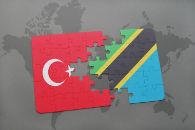 Türkiye'de ve Tanzanya bir dünya haritası üzerinde bayrağı ile bulmaca