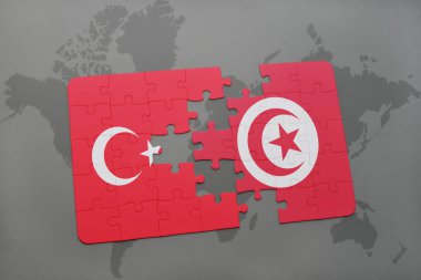 Türkiye ve Tunus bir dünya haritası üzerinde bayrağı ile bulmaca