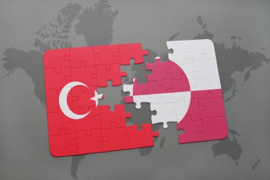 Türkiye ve Grönland Ulusal bayrak bir dünya haritası üzerinde ile bulmaca