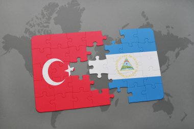 Türkiye'de ve Nikaragua ulusal bayrak bir dünya haritası üzerinde ile bulmaca