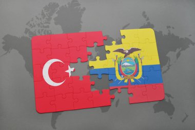 Türkiye ve Ekvador ulusal bayrak bir dünya haritası üzerinde ile bulmaca