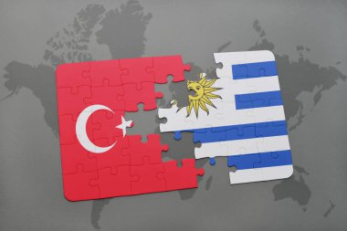 Türkiye ve uruguay ulusal bayrak bir dünya haritası üzerinde ile bulmaca