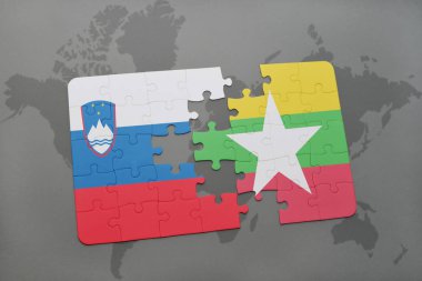 bir dünya haritası üzerinde Slovenya ve myanmar bayrağı ulusal ile bulmaca