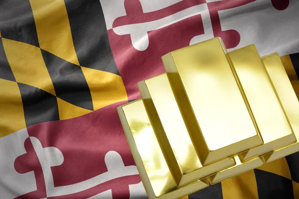 Brillantes lingotes dorados en la bandera del estado de Maryland — Foto de Stock