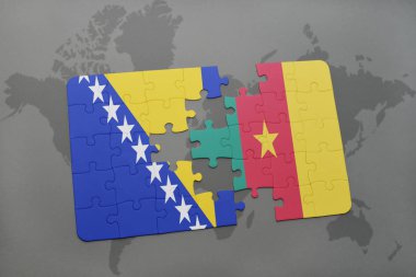 Bosna ve Hersek ve Kamerun ulusal bayrak bir dünya haritası üzerinde ile bulmaca