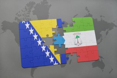 Bosna ve Hersek ve Ekvator Ginesi ulusal bayrak bir dünya haritası üzerinde ile bulmaca