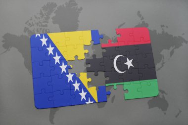Bosna ve Hersek ve libya ulusal bayrak bir dünya haritası üzerinde ile bulmaca