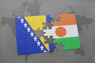 Bosna ve Hersek ve Nijer bir dünya haritası üzerinde bayrağı ile bulmaca