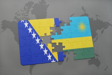 Bosna ve Hersek ve Ruanda bir dünya haritası üzerinde bayrağı ile bulmaca