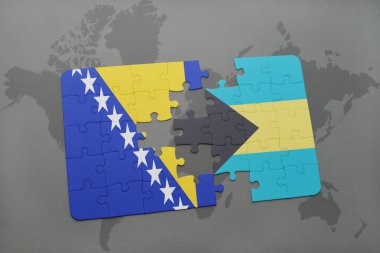 Bosna ve Hersek ve Bahamalar bir dünya haritası üzerinde bayrağı ile bulmaca